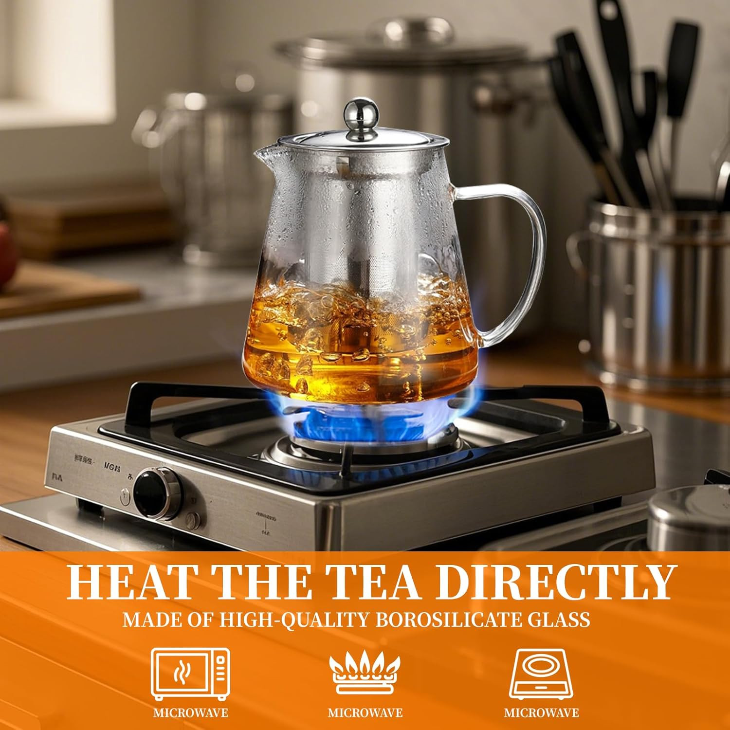 Glass Teapot with Stainless Steel Infuser, Borosilicate Tea Kettle, Clear Tea