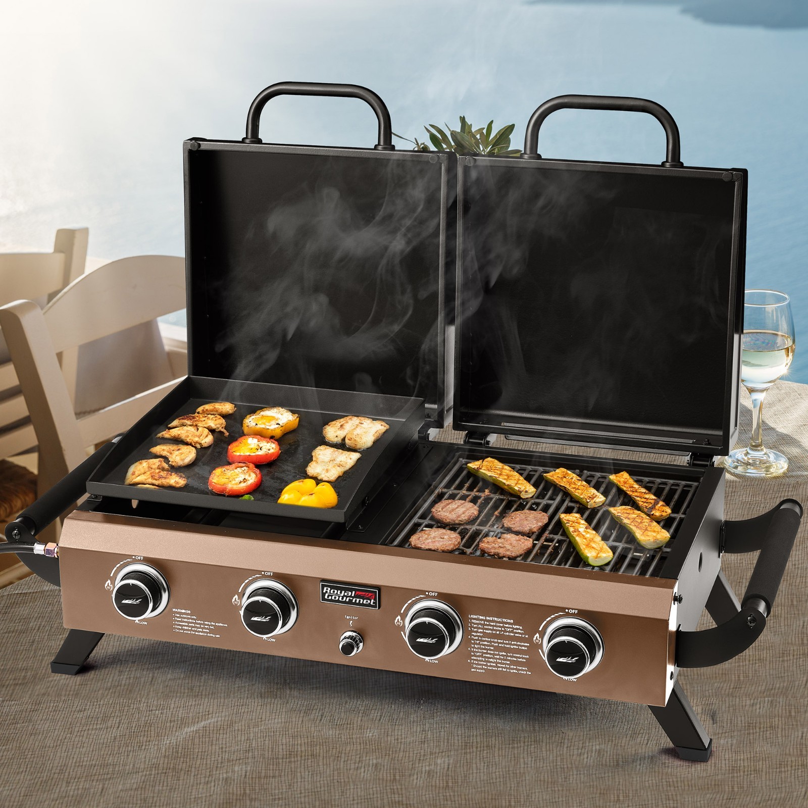 Royal Gourmet 4-Burner Portable Tabletop Grill & Griddle Combo with Hood