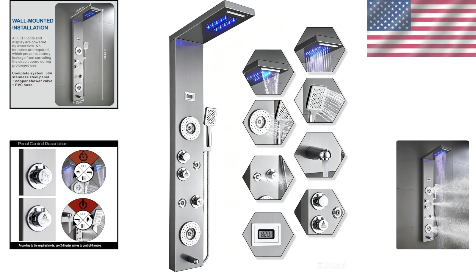 Luxury Stainless Steel Shower Panel with LED Rainfall & 6 Functions – Brushed…