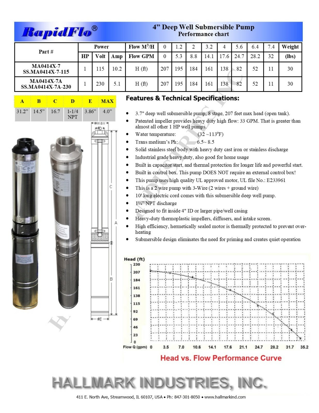 Submersible Pump, 3.5″ Deep Well, 1 HP/220V, 33 GPM/207′, all S.S. Hallmark Ind