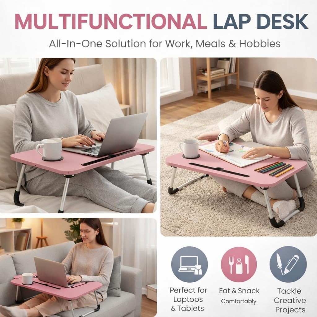 Foldable Laptop Table With Drawer – MDF Wood Desk With Cup Holder, Tablet Slot