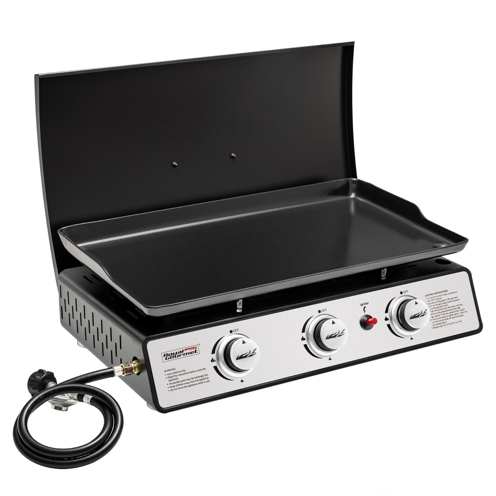 Royal Gourmet 3-Burner Tabletop Griddle w/ Hard Cover Portable Propane Gas Grill