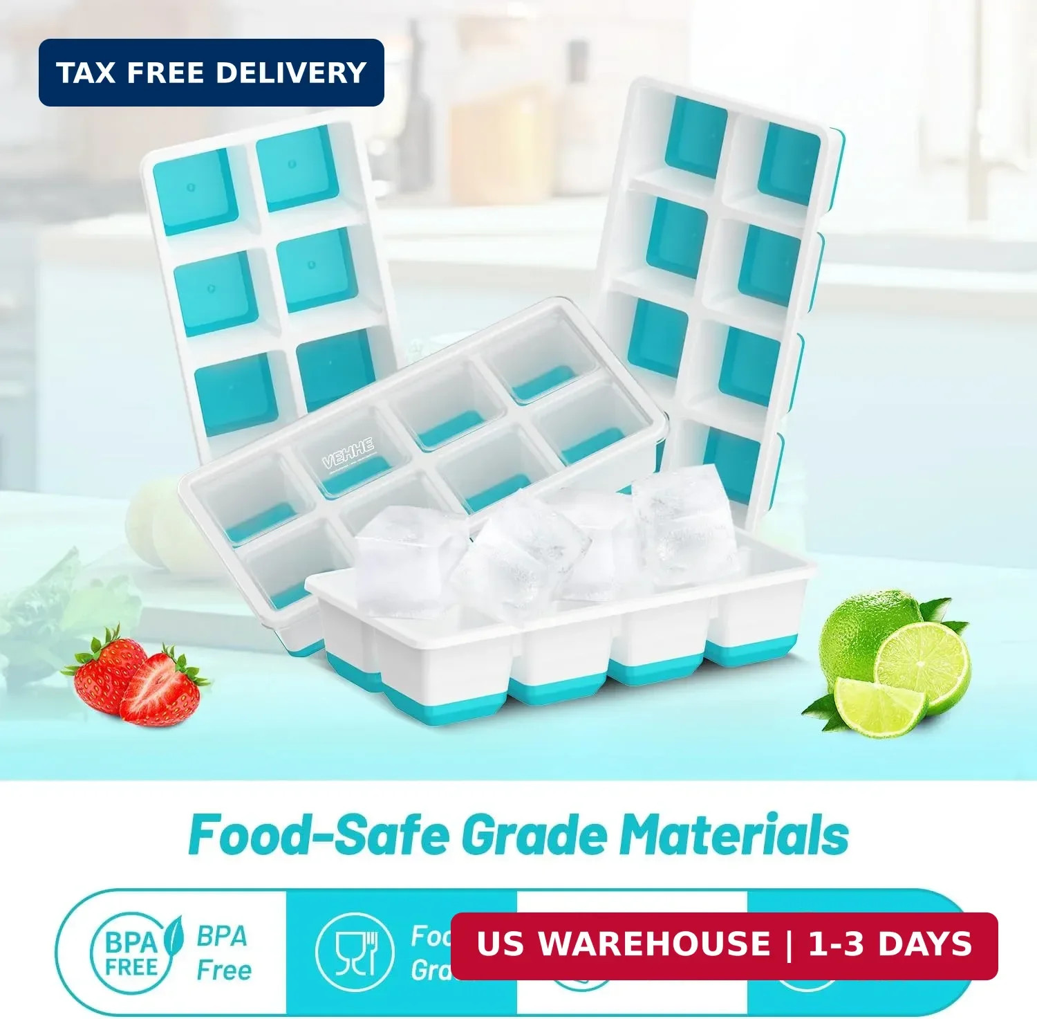 VEHHE Ice Cube Tray, 2 Pack Reusable Large Ice Cube Molds, Ice Cube Trays for Fr