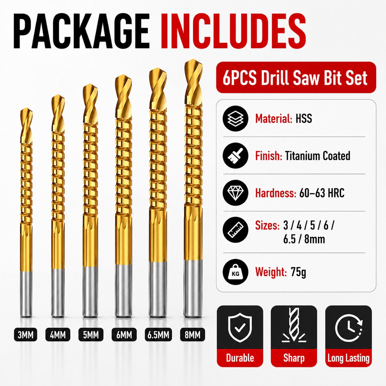 6PCS Titanium Drill Bit Tool Set,3-8mm Twist Drill,For Wood Metal Grooving