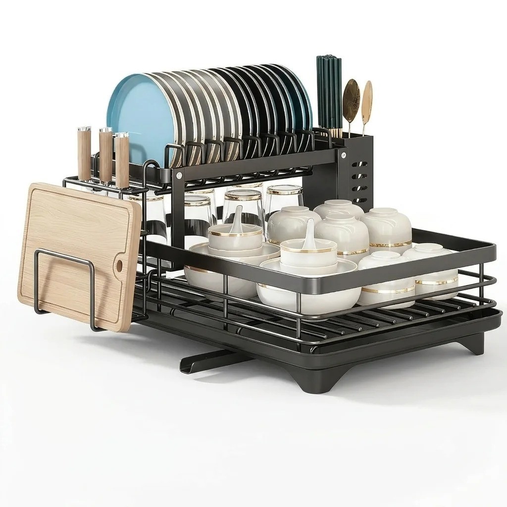2 Tier Dish Drying Rack Foldable Stainless Steel Dish Drainer Kitchen Counter