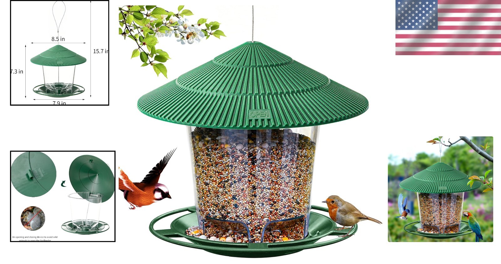 Squirrel-Proof Outdoor Hanging Bird Feeder – 2.9 lb Seed Capacity in Green