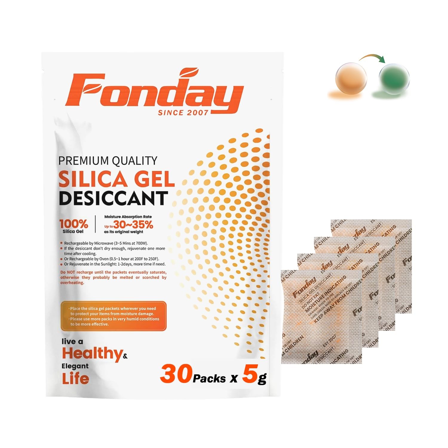 5g x 30 packs Fonday Rechargeable Silica Gel Desiccant Packets Food Grade Fast