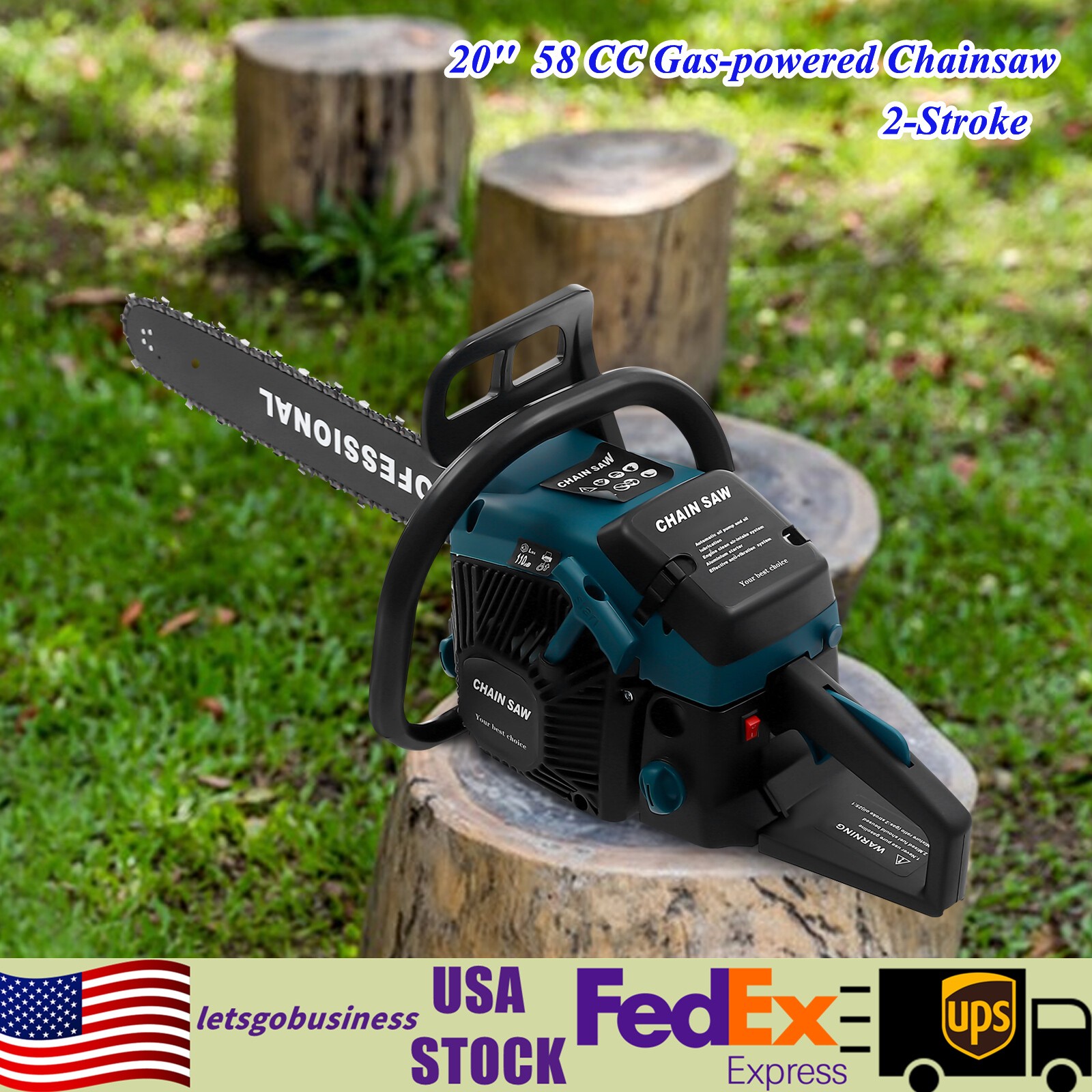 58CC Gas Powered Chainsaw with 20” Guide Bar Saw Chain 2-Stroke Engine Cut Wood
