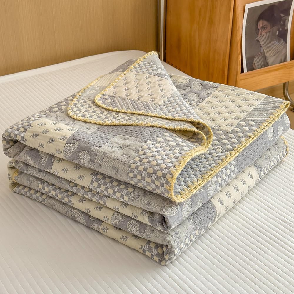 Reversible Cotton Muslin Blanket – Lightweight Grey Patchwork 80×90 In
