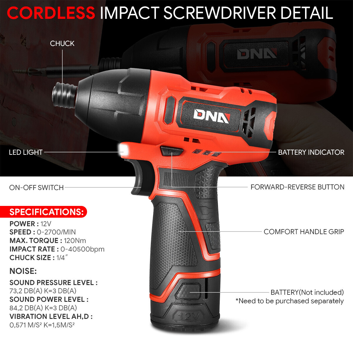12V Stepless Speed Electric Impact Screwdriver Power Tool w/LED+ Battery+Charger