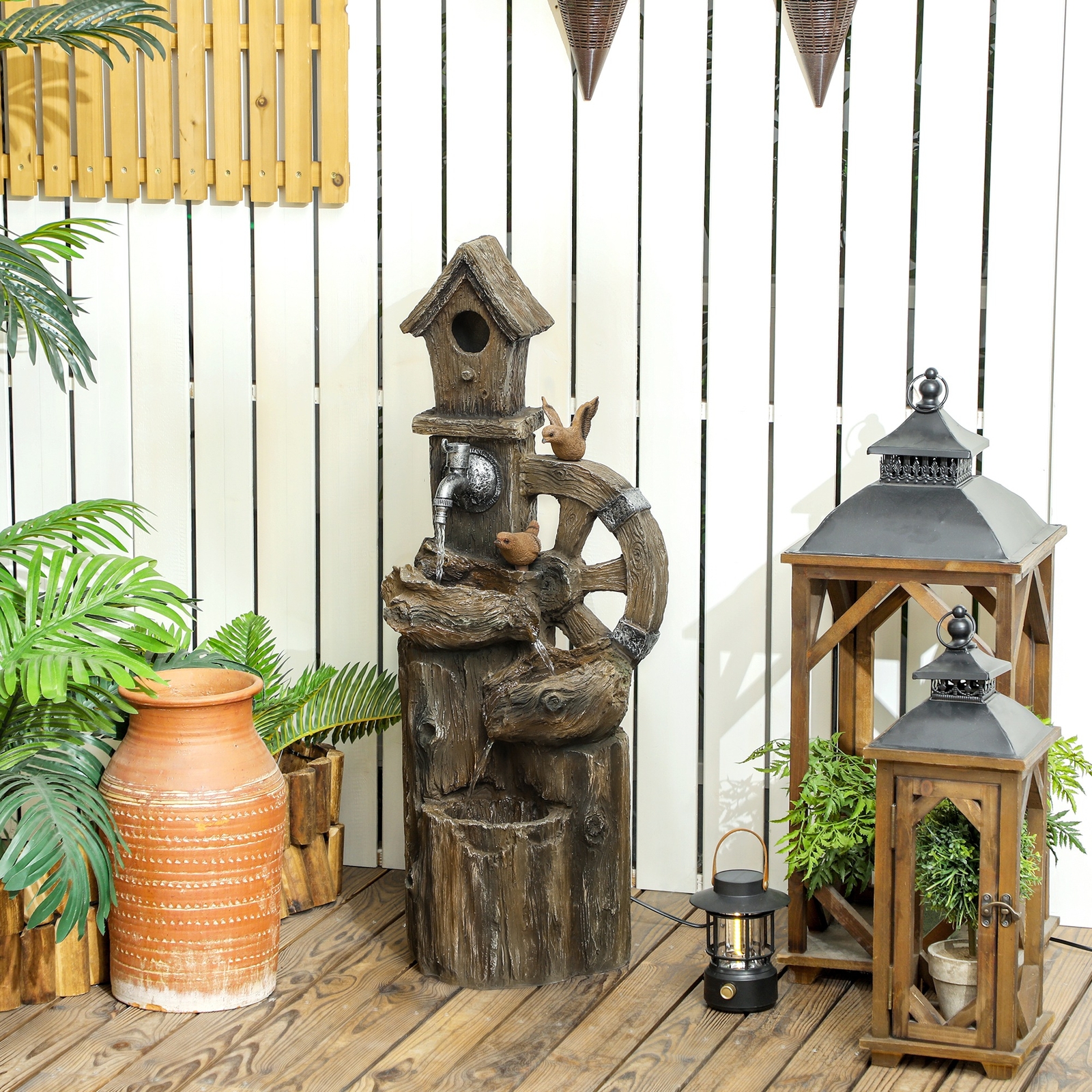 2-in-1 Outdoor Water Fountain with Birdhouse, Tree Trunk Outdoor Water Feature
