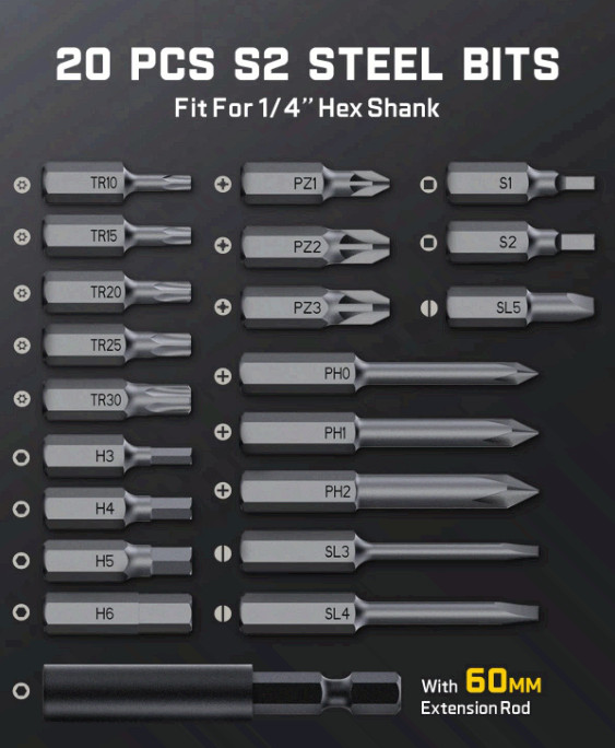 S2 Pro Cordless Electric Screwdriver Set, 7 Torque, 20 Bits, 90° Adapter