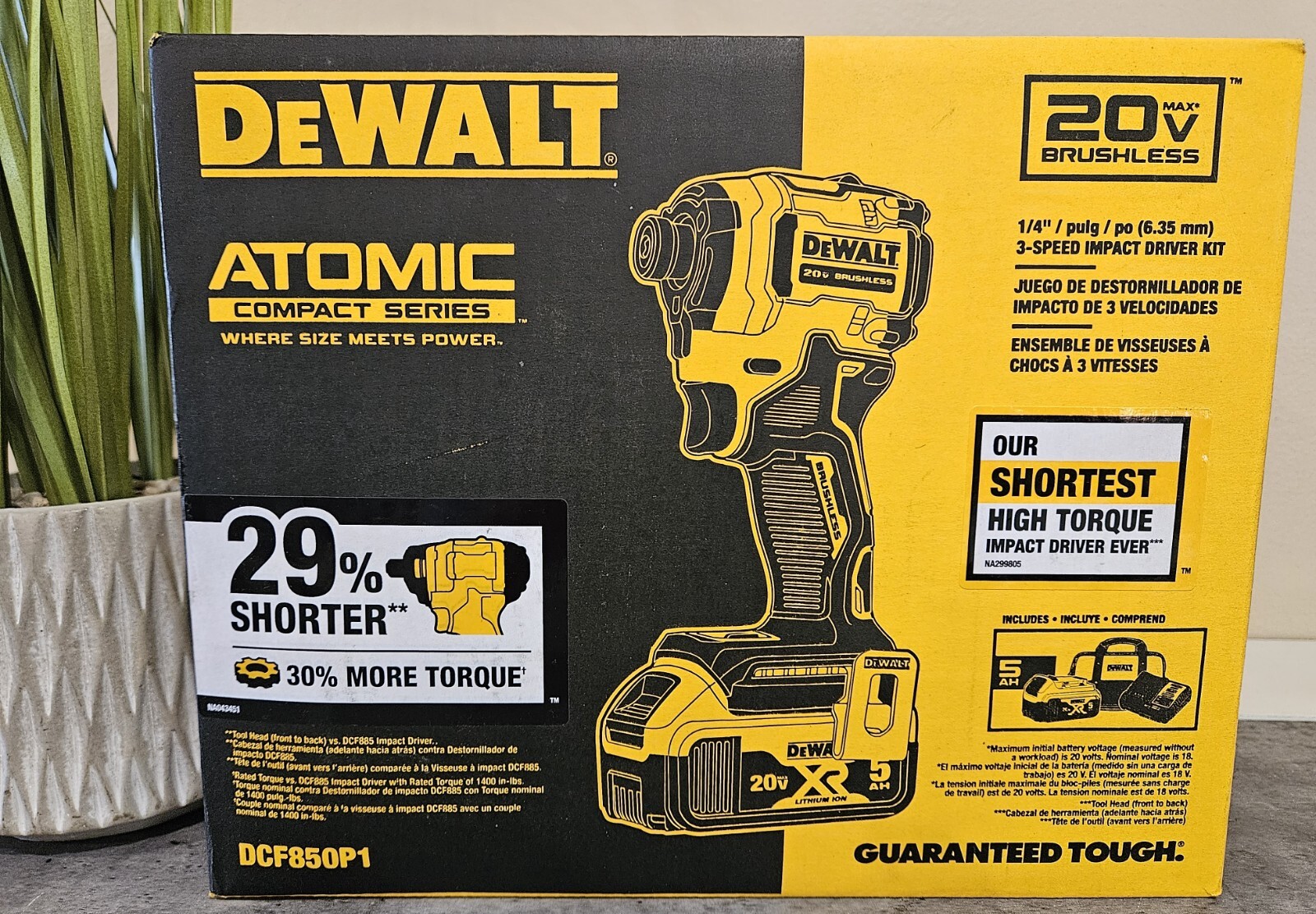 DEWALT ATOMIC 20V 1/4″ IMPACT DRIVER KIT W/ BAG, 5Ah BATTERY & CHARGER DCF850P1