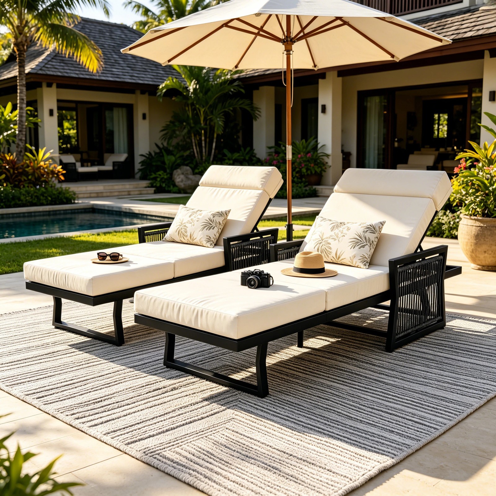 All-Black Chaise Lounge with 4″ Thick Beige Cushion, 400 lbs Capacity