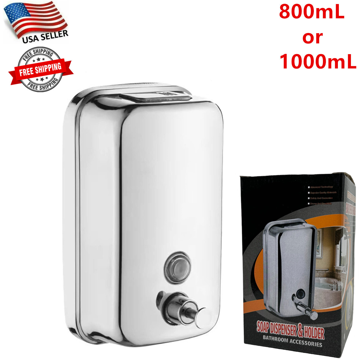 800ml/ 1000ml Soap Dispenser Wall mount, 304 Stainless Steel, Bathroom, Shampoo