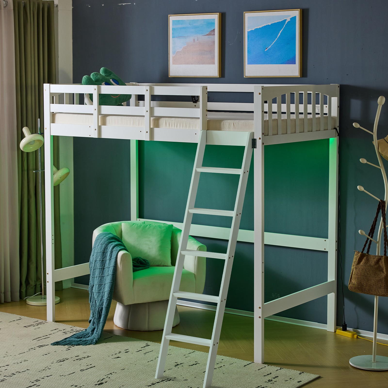 Wood Loft Bed Twin Size with RGB LED 2 Charging Station for Adults Kids Teens
