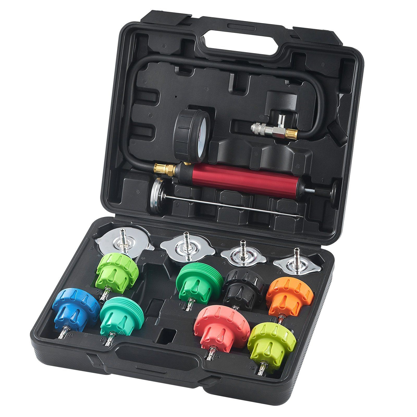 14Pcs Coolant Pressure Tester Kit with Manual Pump 0-35psi Color-Coded Adapters