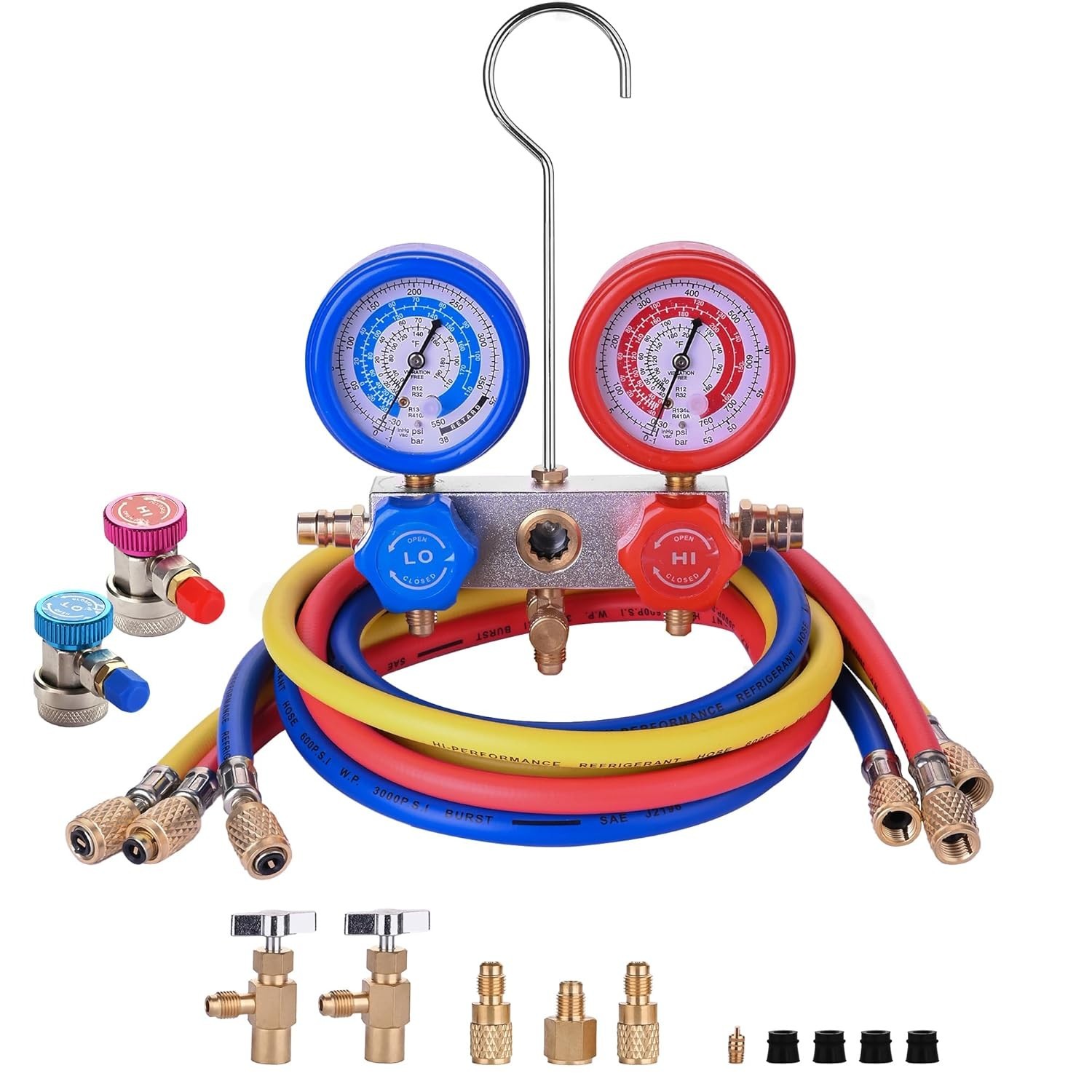 AC Gauge Set for R32 R410a, A/C Refrigerant Recharge Kit HVAC 3 Way-R32,R410a
