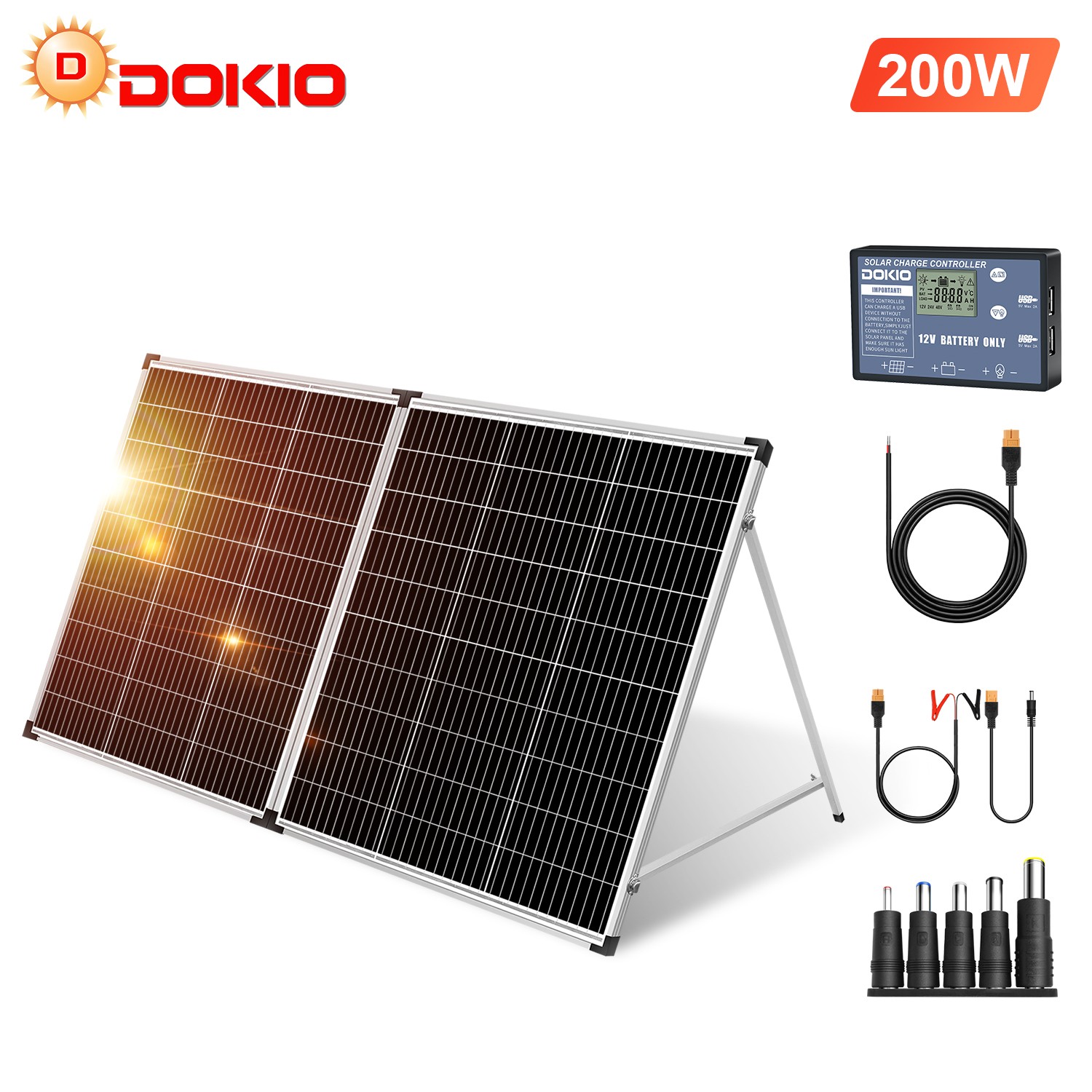 DOKIO 200W Portable Solar Suitcase Panel Kit for RVs/campers/off-grid battery