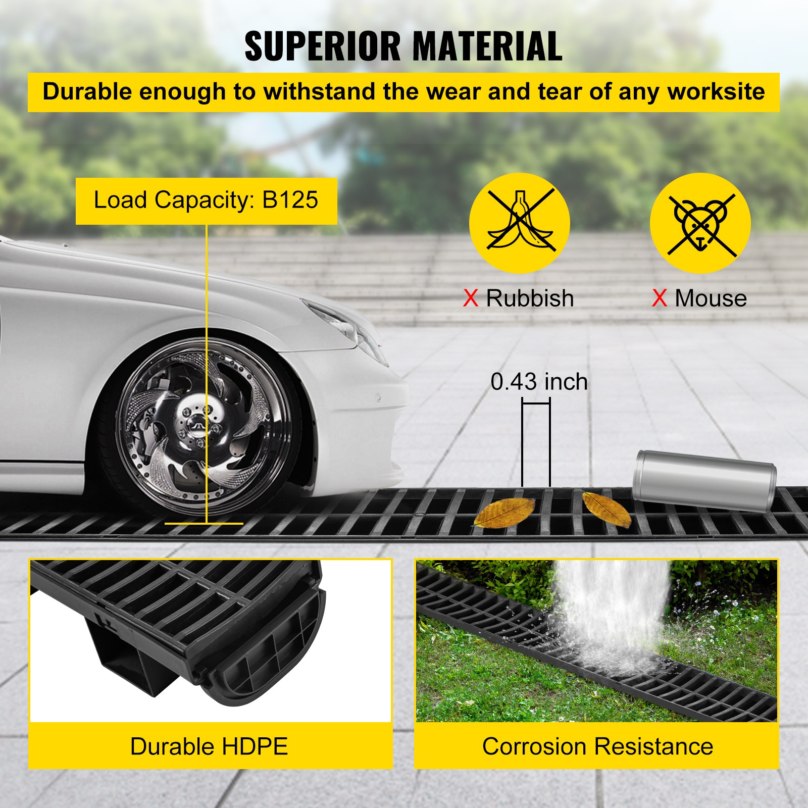 VEVOR Drainage Trench Driveway Channel Drain Kit Plastic Grate-5.8″x3.1″-6 Pack