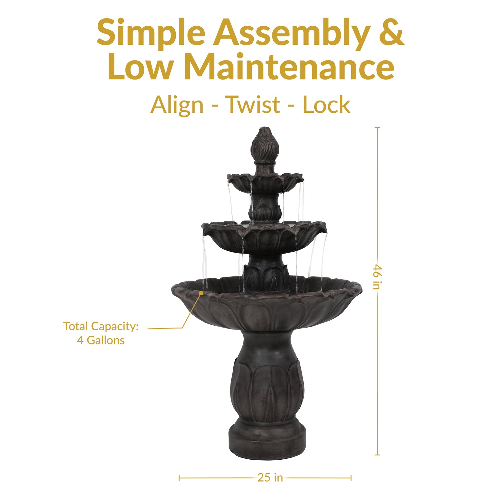 Classic Tulip Polystone Outdoor 3-Tier Fountain – Dark Brown by Sunnydaze