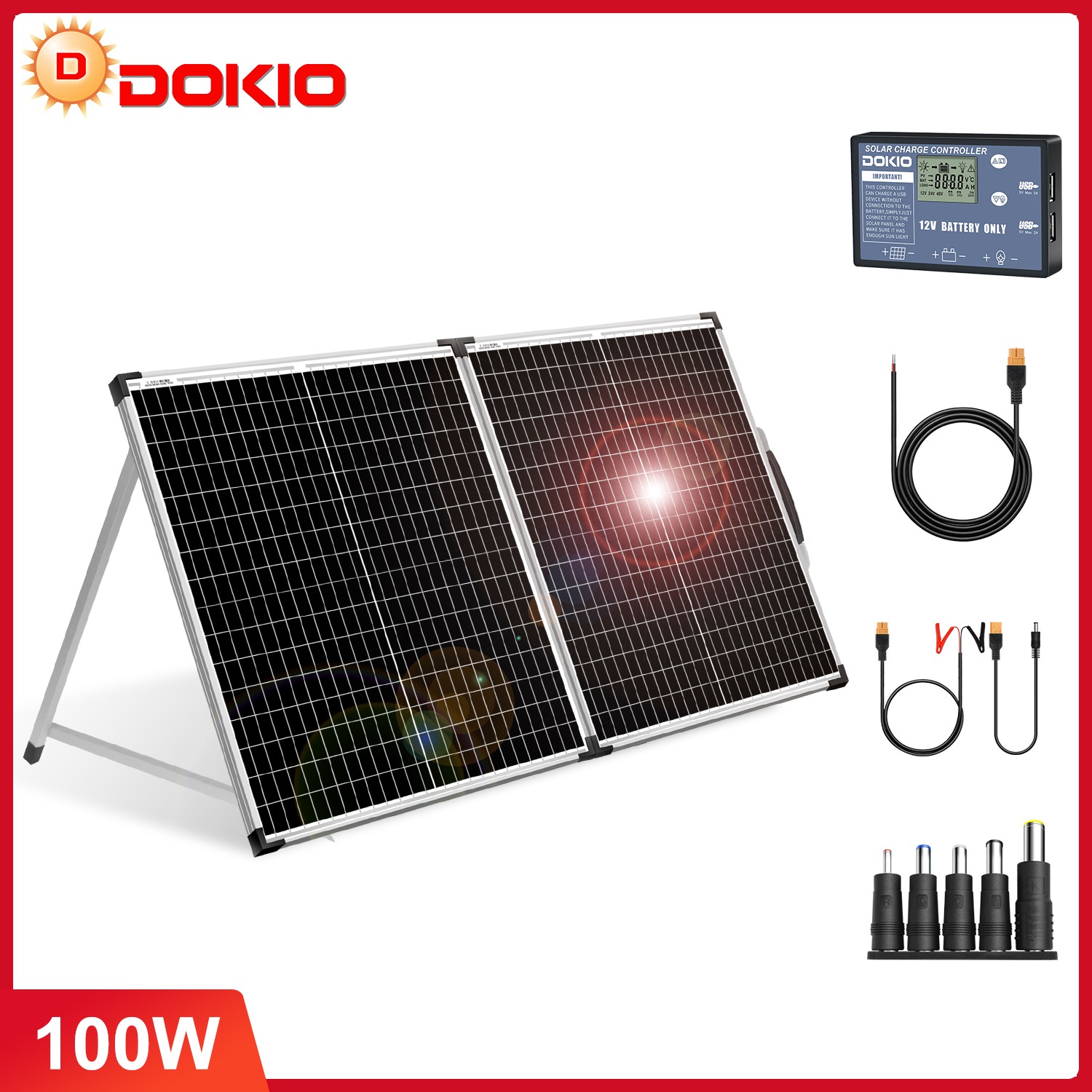 Dokio 100W Portable Suitcase Solar Panel Kit Plug and play to 12V Battery/Garden