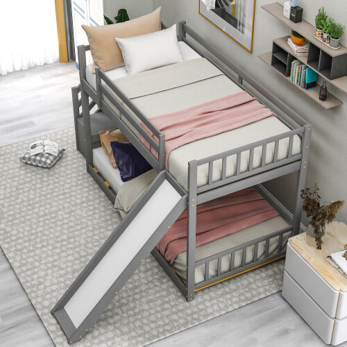 Stairway Wooden Bunk Bed w/ Slide Low Floor Bed for Kids Teens Adults,White/Gray