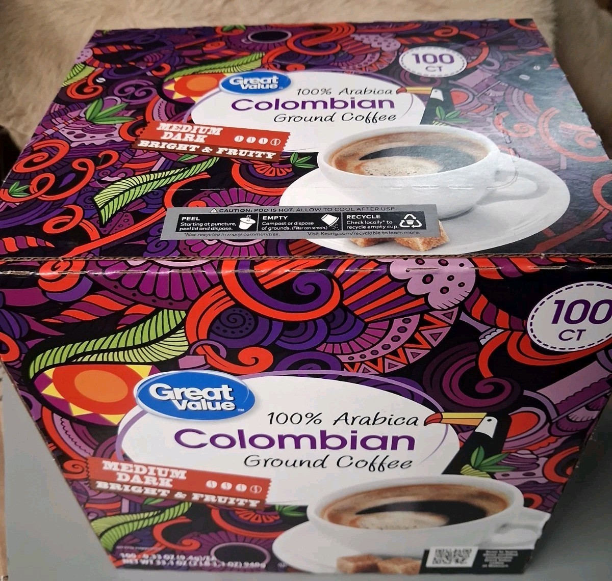 Great Value 100% Colombian Medium Dark Roast Ground Coffee Pods, 33.1 oz, 100 Ct