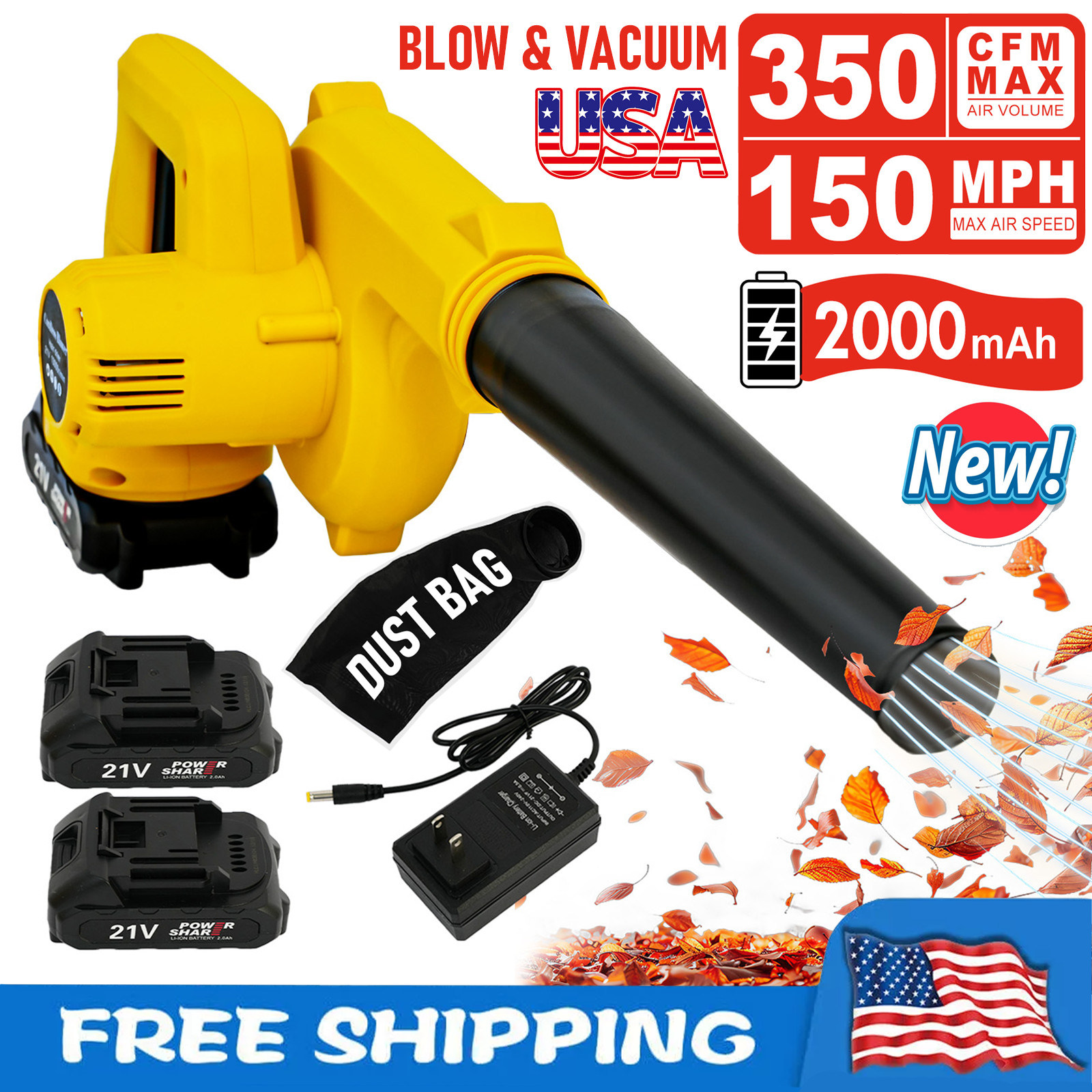 21V Cordless Leaf Blower 2-in-1 Leaf Blower & Vacuum 350MPH w/2Battery & Charger