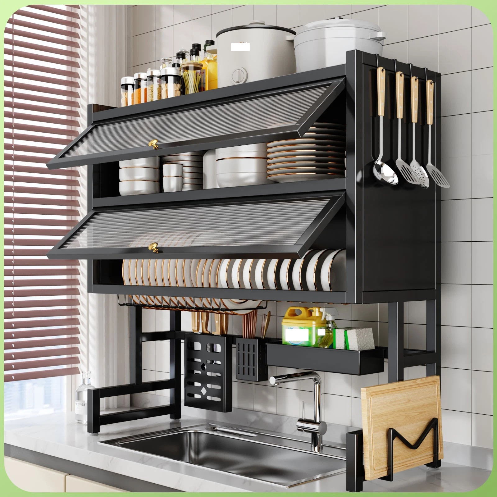 Dish Drying Rack Utensil Storage Cabinet Kitchen Over The Sink 33.46in 2 Tier