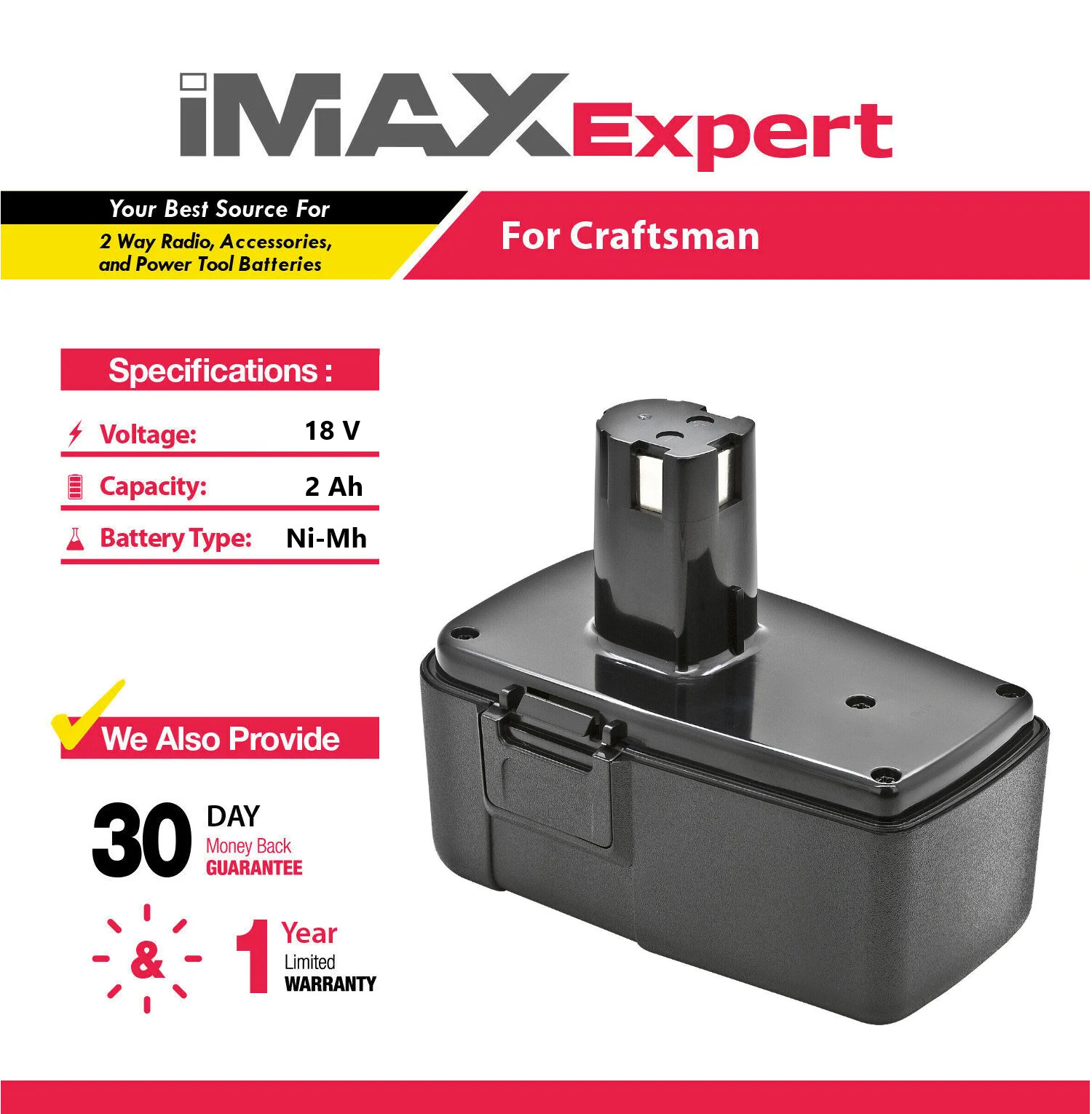18V 2Ah NiMh Battery for Craftsman 11098, 11103, 223310, 9-11103, 9111098