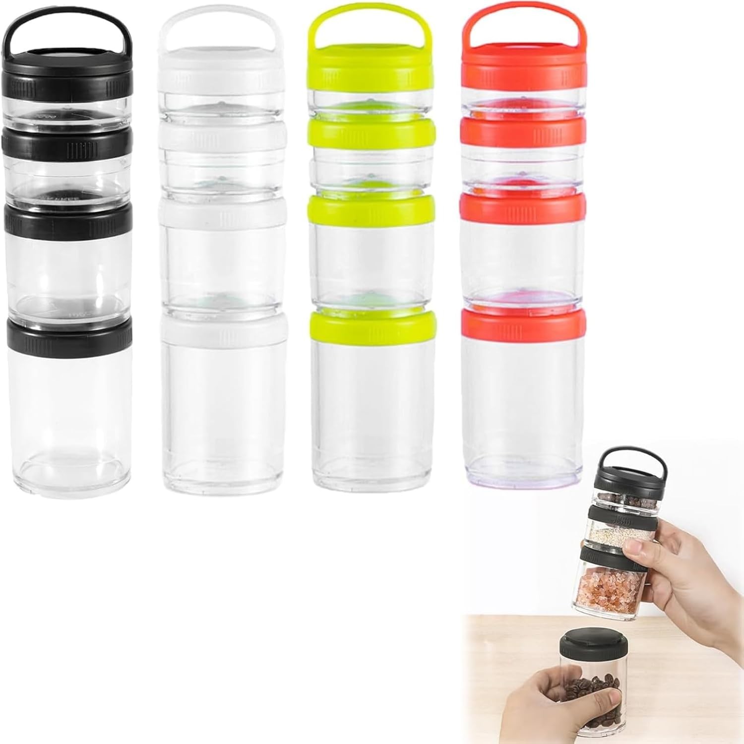 Portable Travel Stackable Snack Containers, 4 Jar – 40cc,60cc,100cc,150cc Scale
