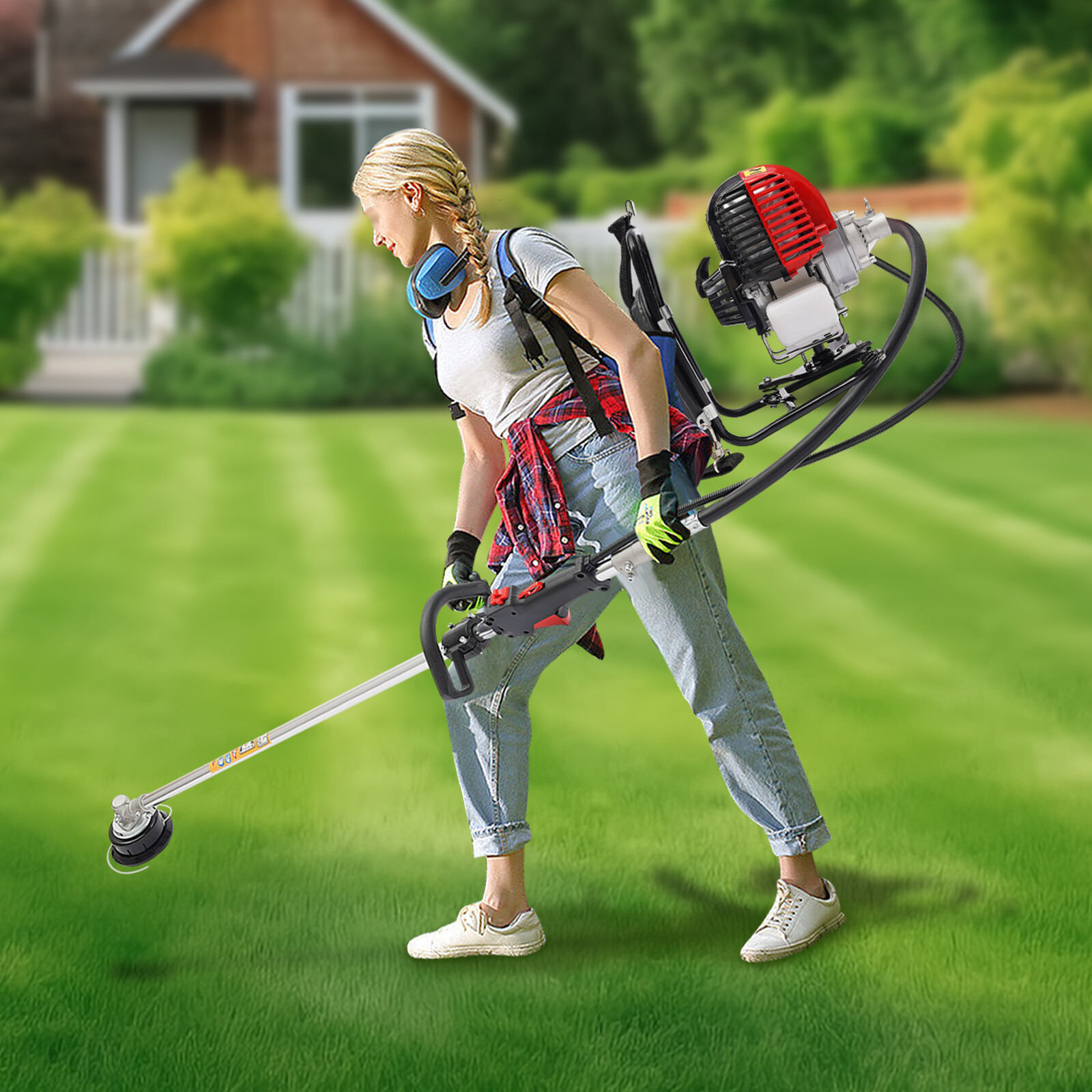 31CC 4-stroke Backpack Gas Garden Brush Cutter Grass Trimmer Lawn Mower+Pumping