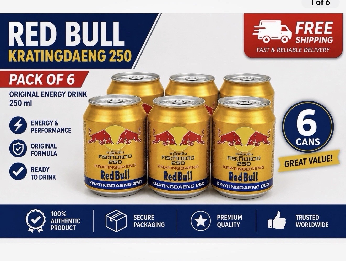 Thailand Red Bull Kratingdaeng can 250ml – Pack Of 6 Free Shipping-USA Seller