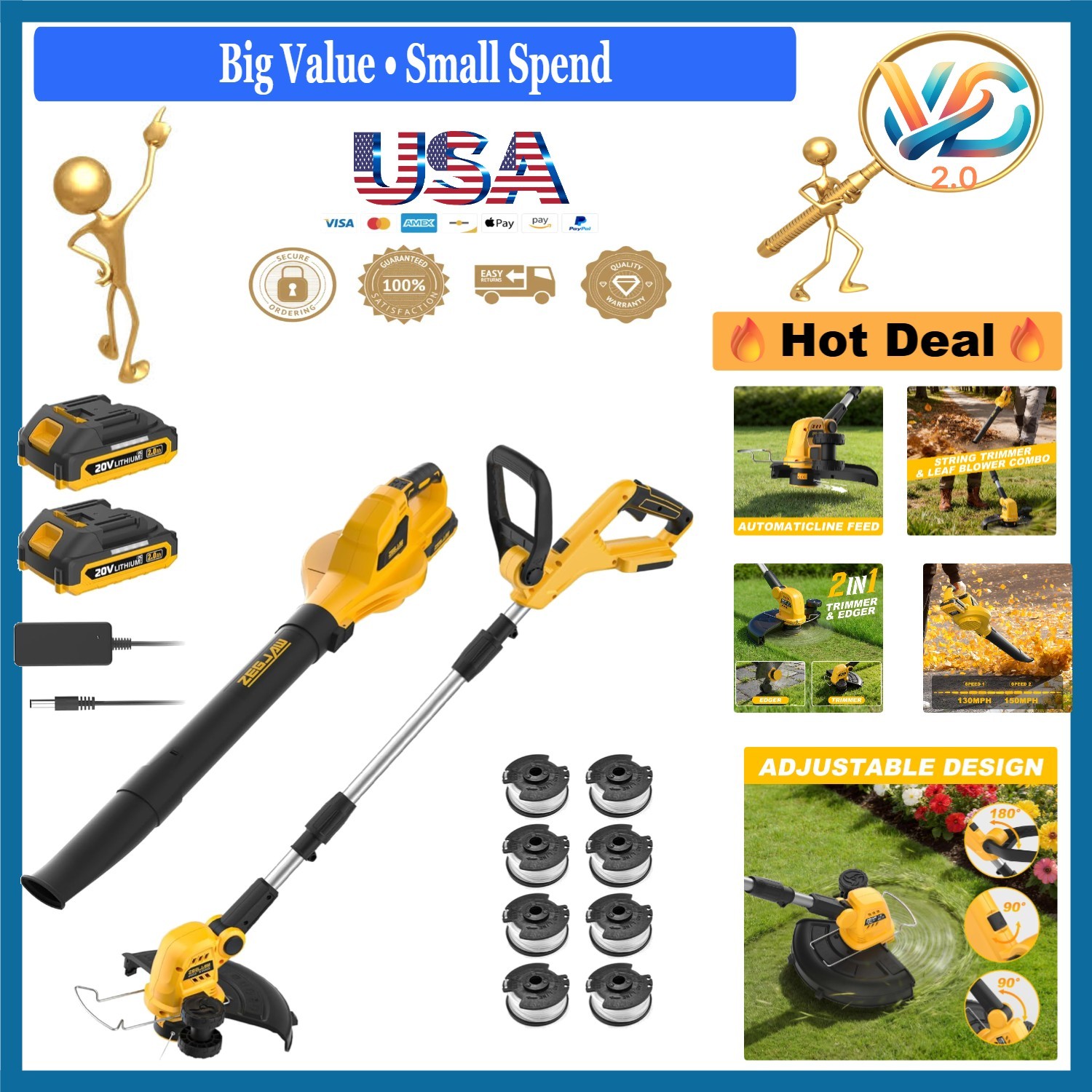 2-in-1 Cordless Leaf Blower & String Trimmer Kit 150 MPH 12 Inch, 2×2.0Ah