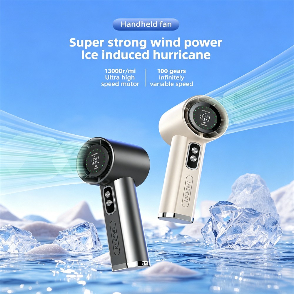 Stepless Speed Handheld Fan, LED Display USB Rechargeable for Office Travel