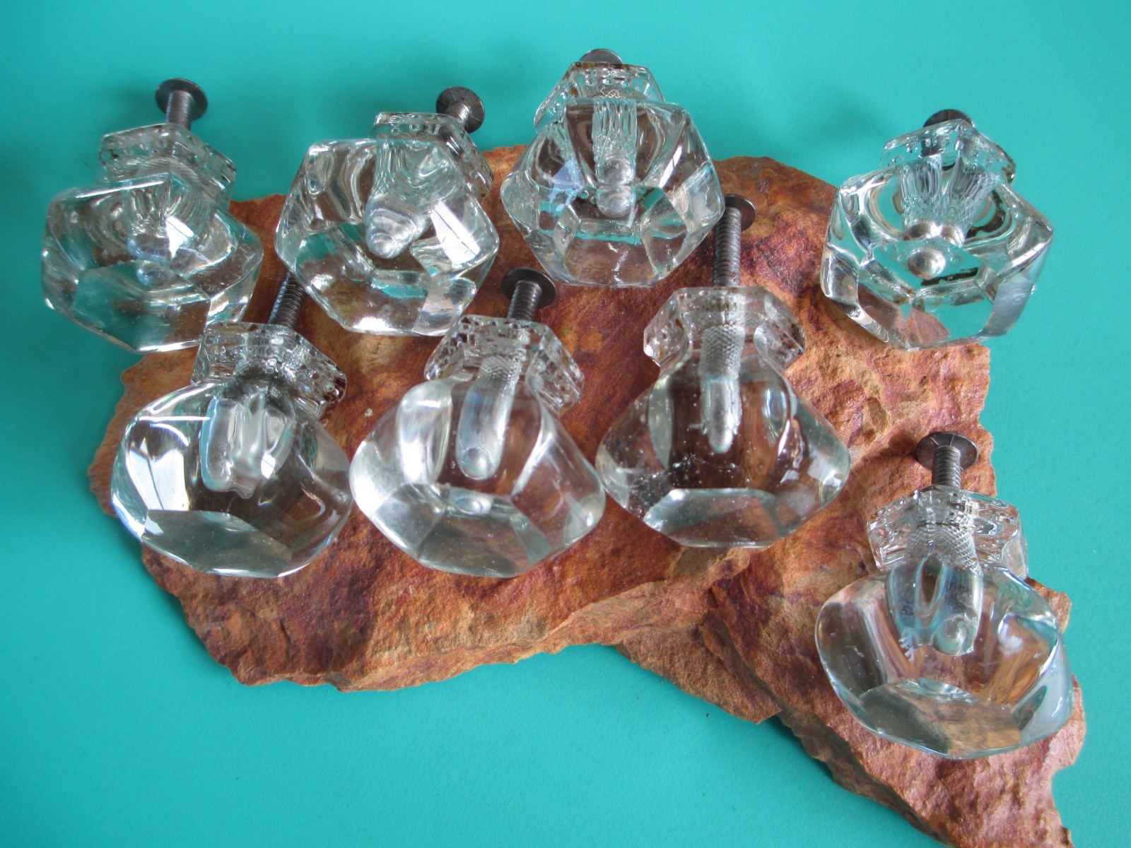 8 VINTAGE ANTIQUE ORIGINAL LARGE OCTAGON CLEAR GLASS CABINET DRAWER KNOB PULLS