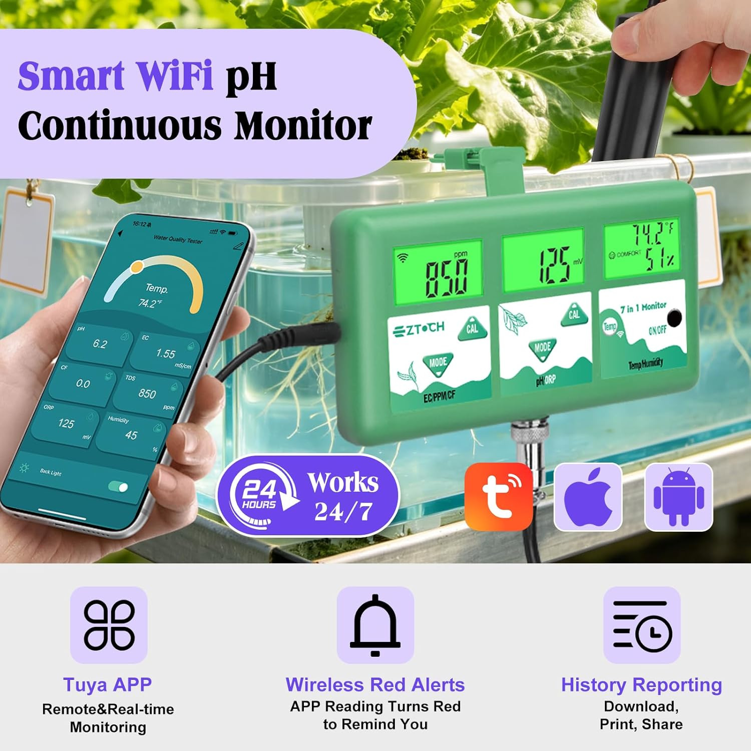 Ph Monitor Hydroponic Continuous 7 in 1 EC Ph TDS CF ORP Monitor, Wifi Continuou