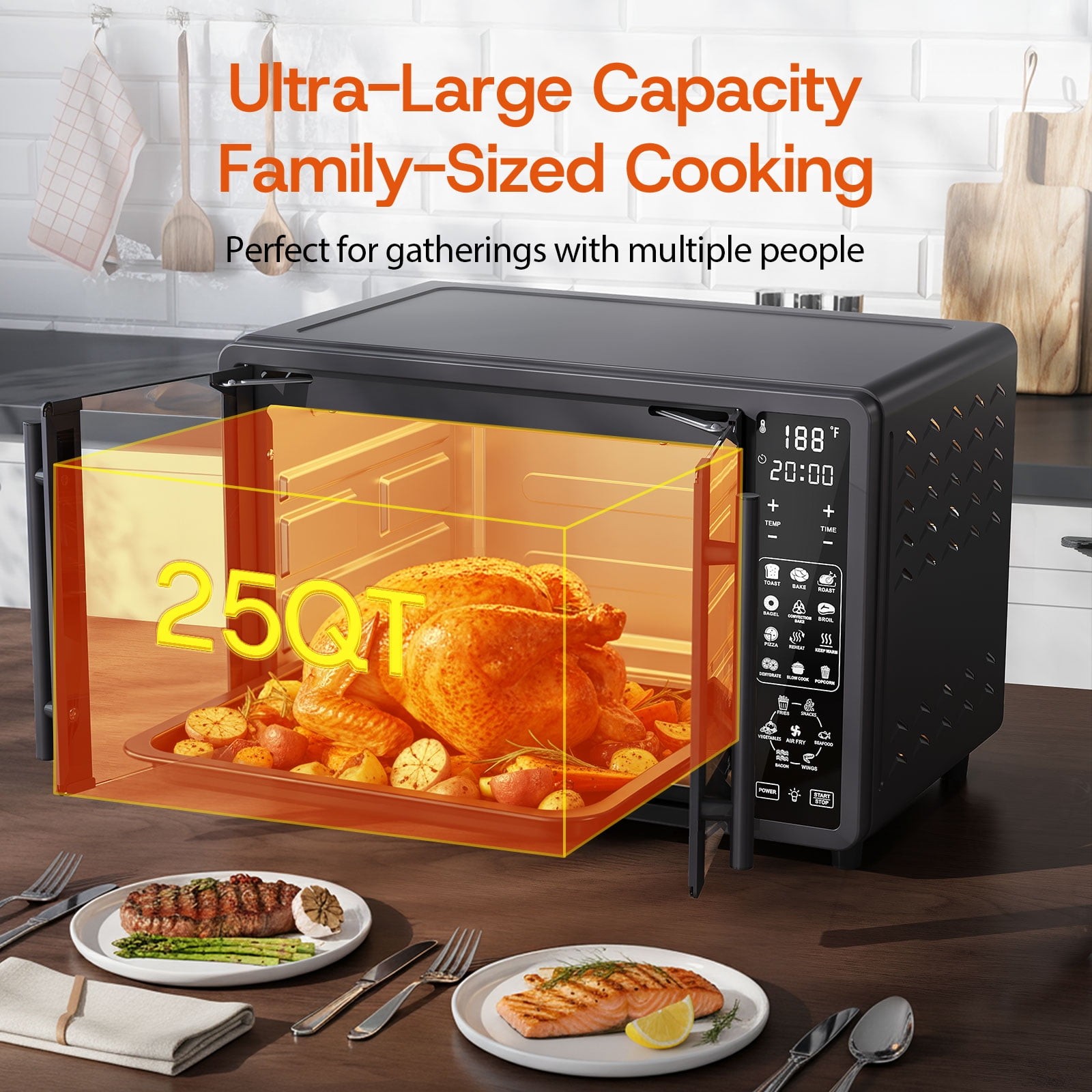25 QT French Door Air Fryer Toaster Oven Combo Bake Broil Roast Digital Controls