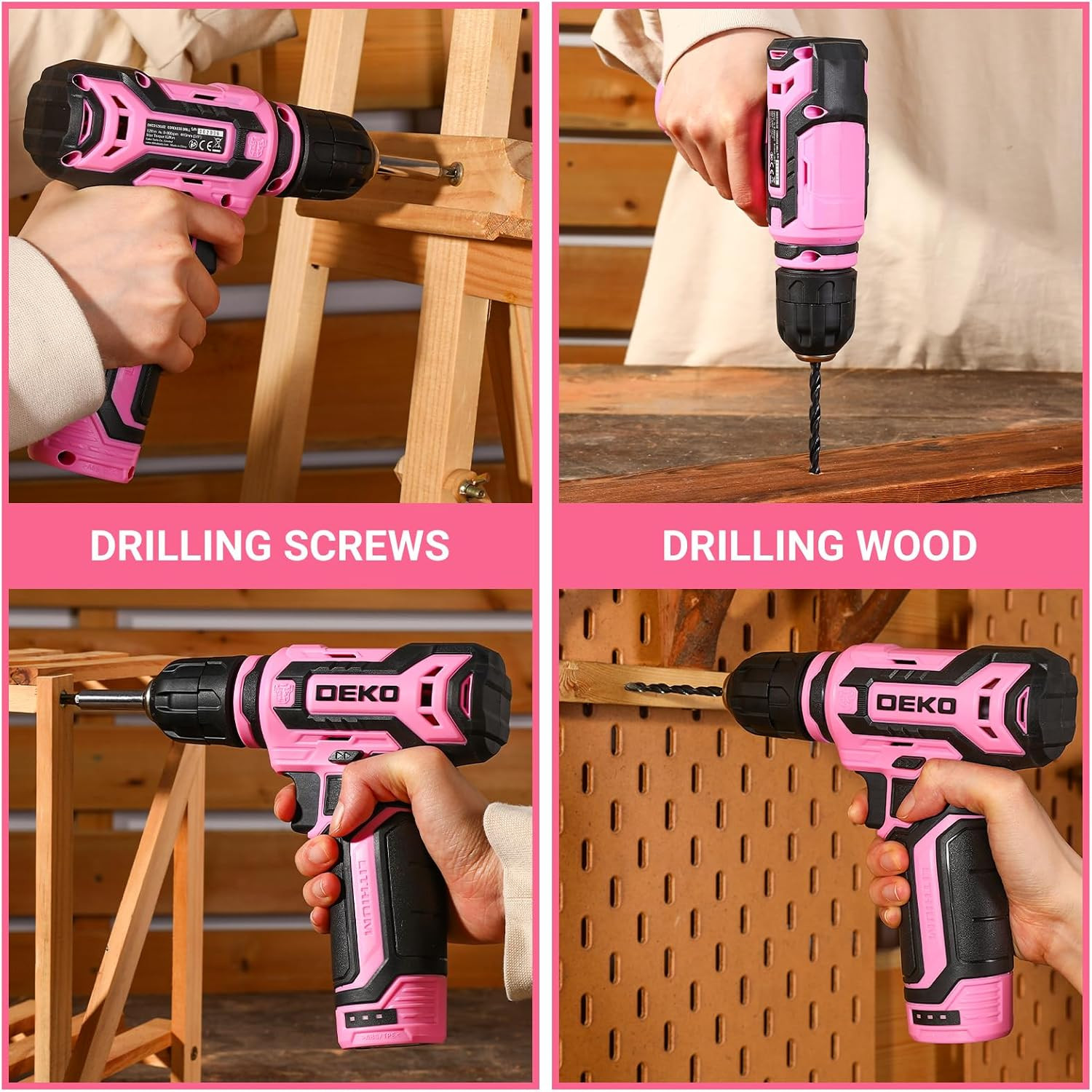 DEKOPRO 12V Cordless Power Drill Set, Pink, 800RPM Electric Drill with Tool Kit
