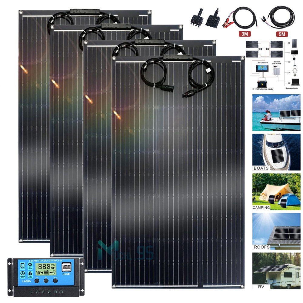 100W 200W 400W Mono 10BB Solar Panel Home RV Off Boat Power Camping Grid Battery