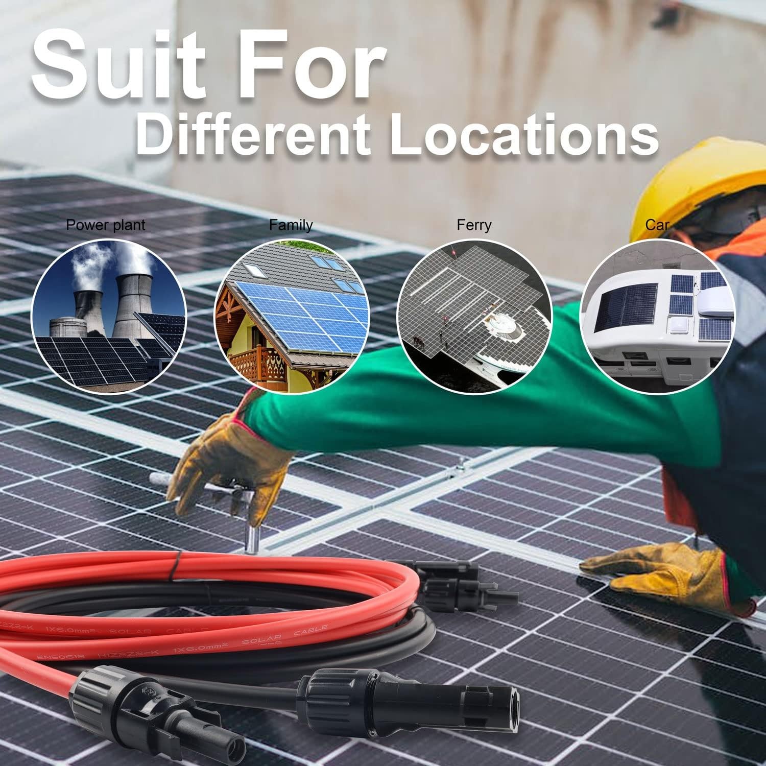 10AWG Black+Red Solar Panel Extension Cable 6.6FT-20FT Female & Male Connectors
