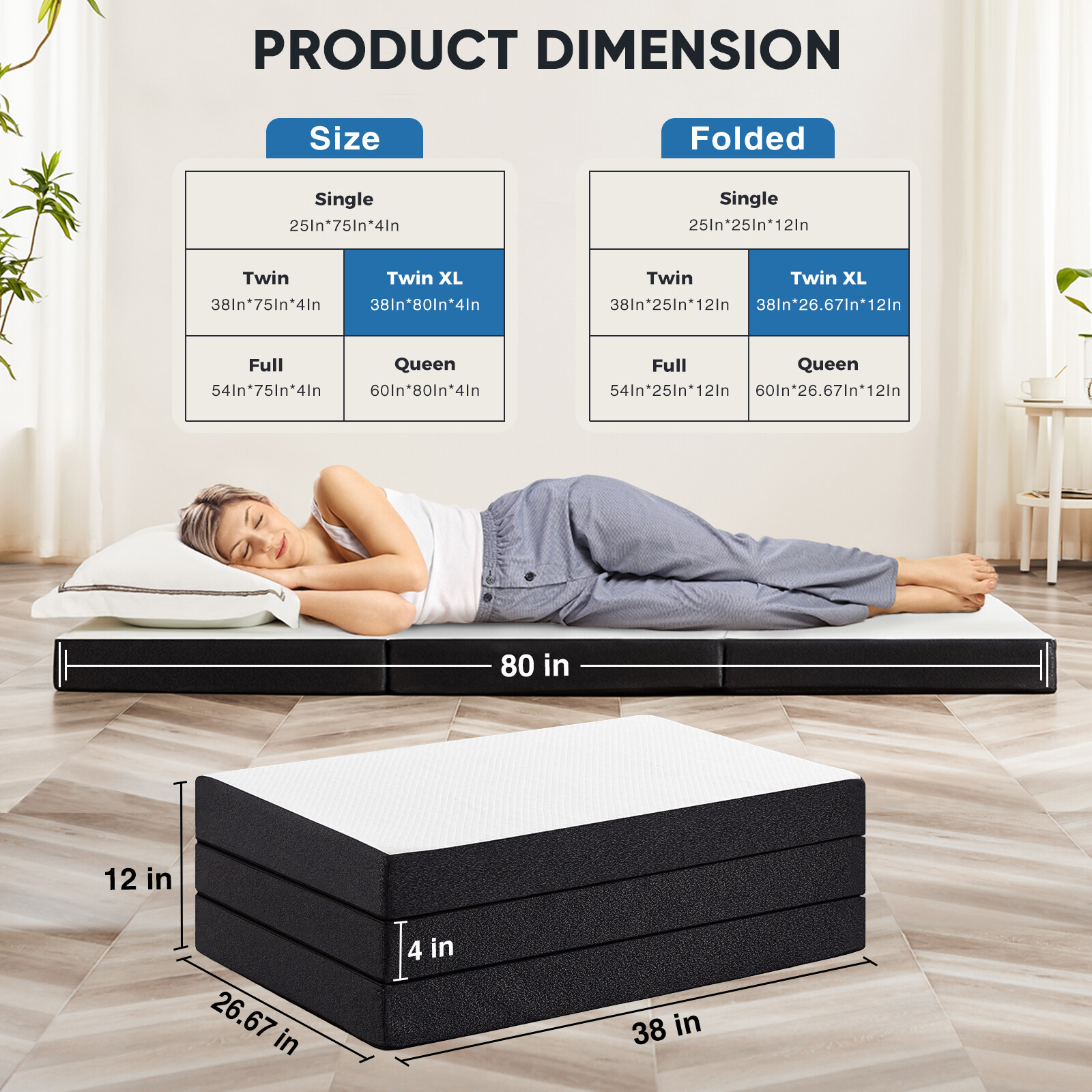 4″ Tri-fold Memory Foam Mattress, Foldable Portable Floor Bed,Washable Cover