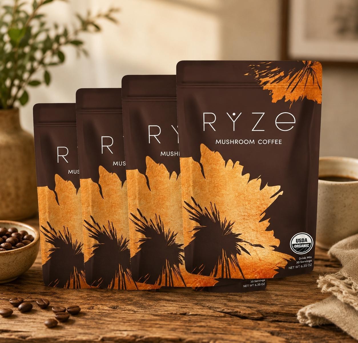 4 Pack Organic Ryzee Mushroom Coffee, 30 Servings Each Bag , Free Shipping