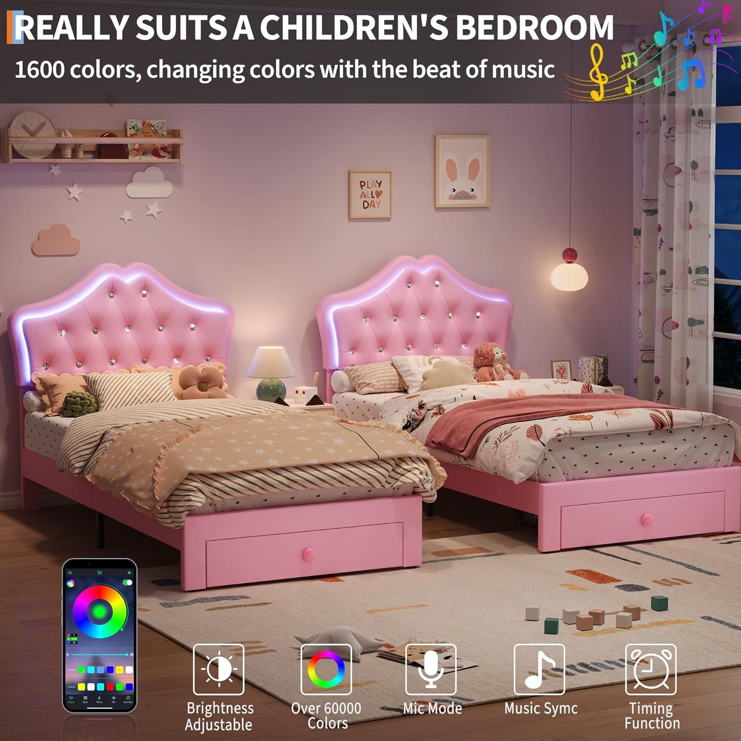 Twin Size Upholstered Bed Frame w/ Storage Drawer & LED Headboard for Kids/Girls