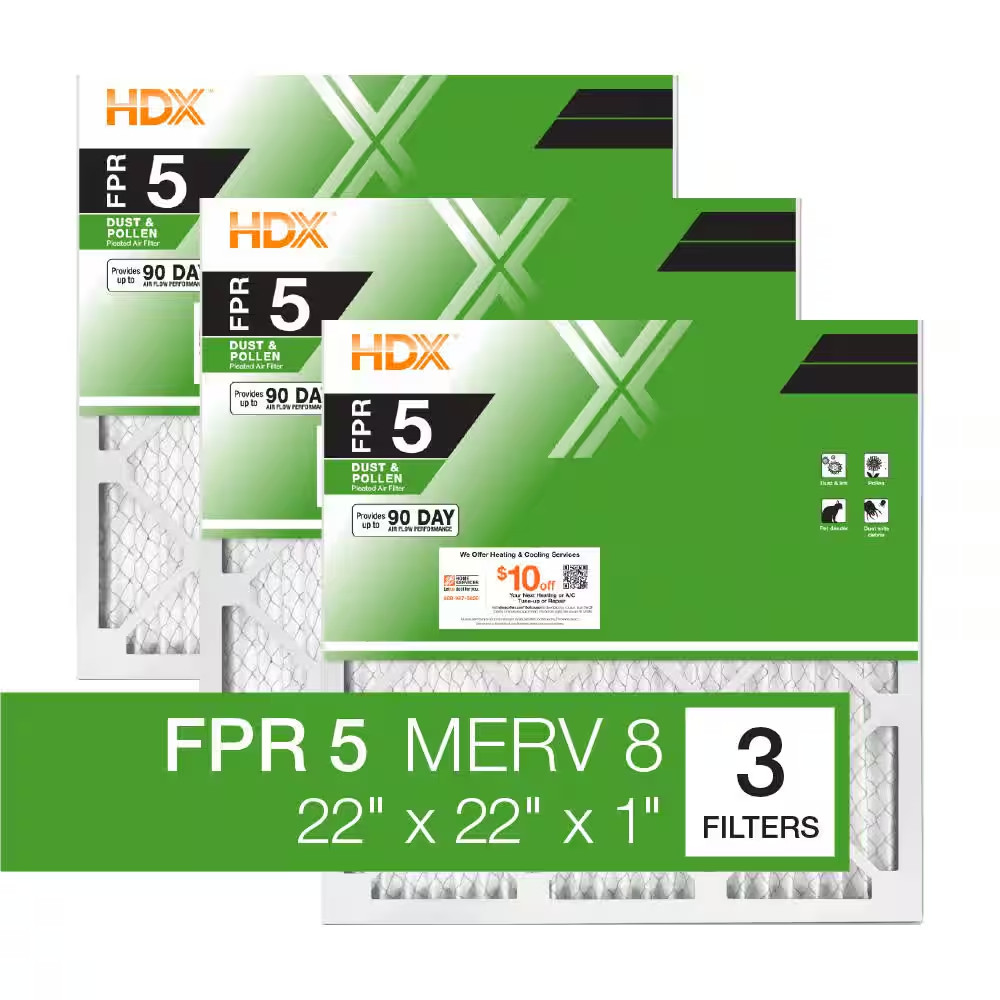 22 In. X 22 In. X 1 In. Standard Pleated Air Filter FPR 5, MERV 8 (3-Pack)