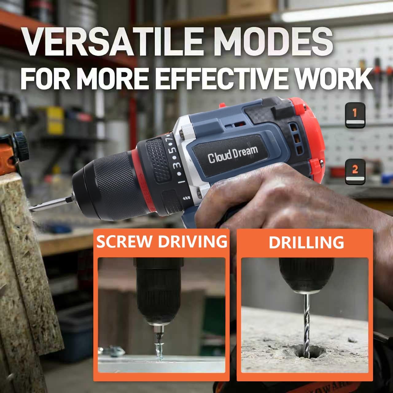 Cordless Drill Set,Electric Power Drill with 2 Battery,60N.m,21+1 Torque,2 Varia