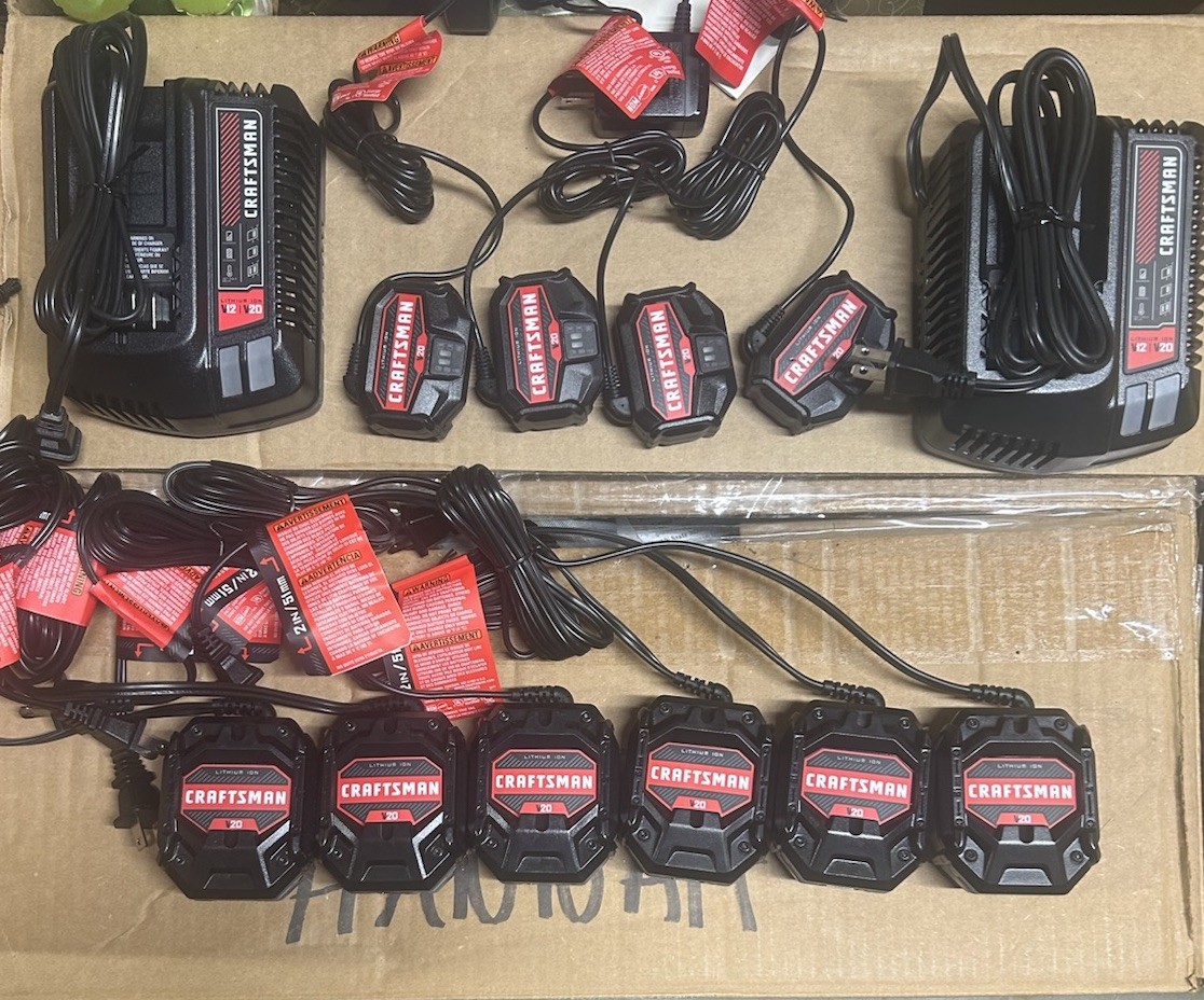 12 Craftsman V20 Li-Ion Battery Chargers – 6 CMCB101, 4 CMCB1104, 2 CMCB102
