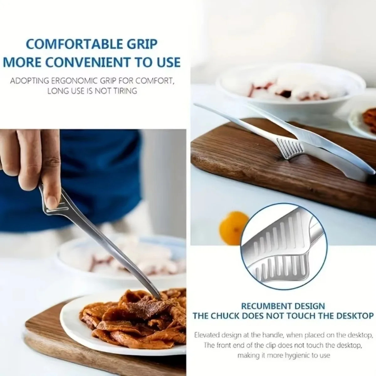 Silver Stainless Steel BBQ Tongs Non Slip Easy Clean Reusable Cooking Utensils f