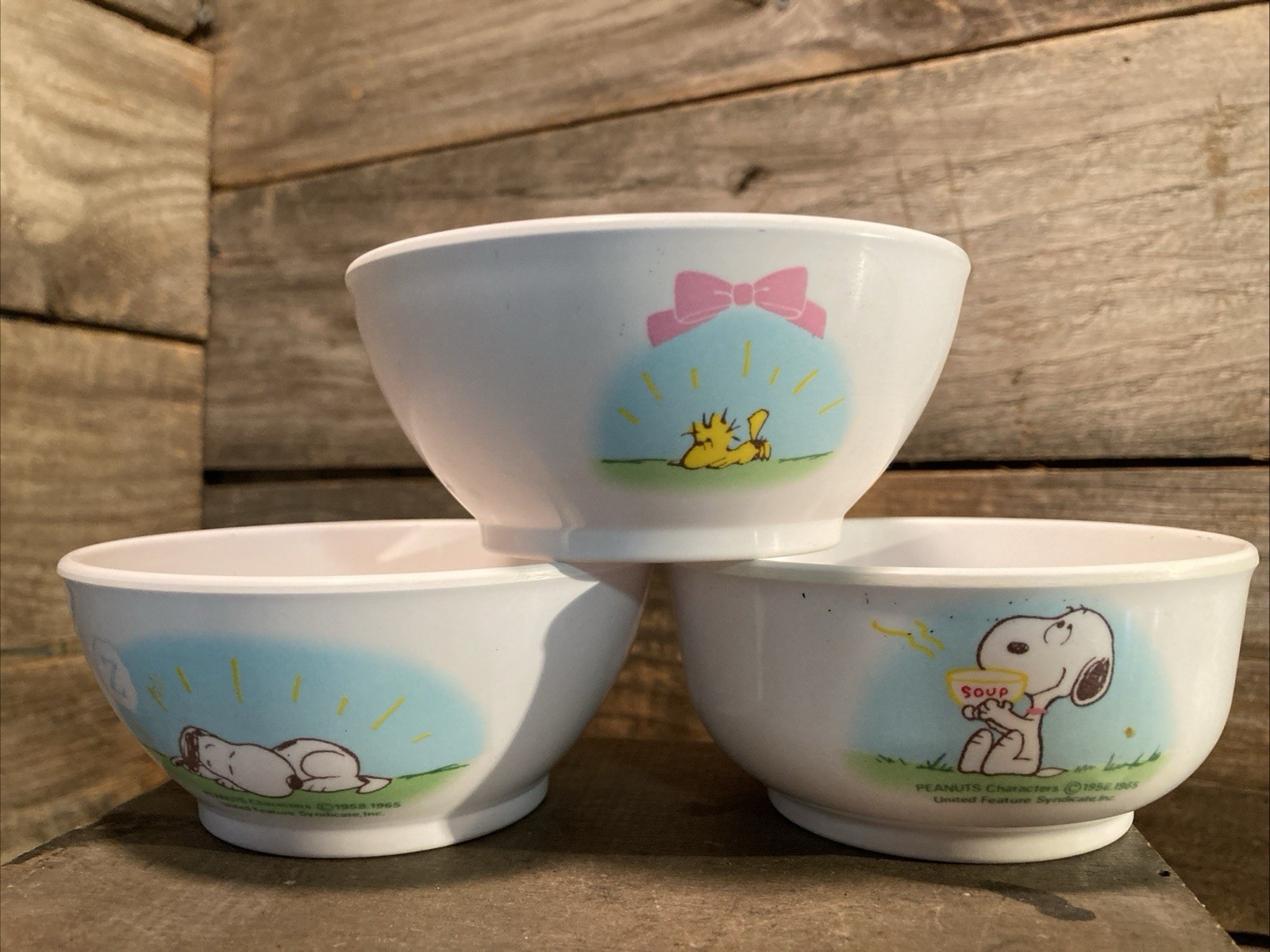 3 Vintage 1965 United Feature Syndicate Inc. Peanuts Snoopy Bowl Easter
